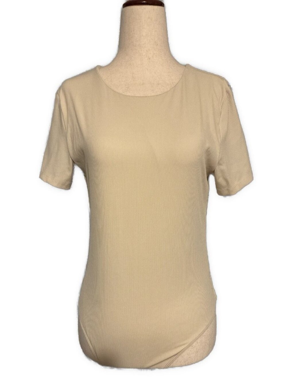 House of Harlow 1960 Beige Cream Ribbed Short Sleeve Bodysuit Stretch Large